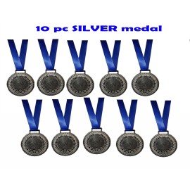 Eknoor Sports Silver Medal With Blue Ribbon (Silver) (Set Of 10) Size 2 Inch. For School Winners, Sports, Athletic Games