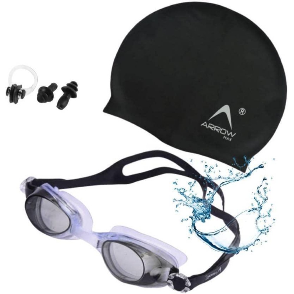 Arrowmax 100% Silicone Anti Fog Swimming Kit Of Goggles,Cap,Earplug & Noseplug Set- Ideal For All Age Group | Silicone Non Slip | Easy To Carry And Skin Friendly (Black)