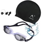 Arrowmax 100% Silicone Anti Fog Swimming Kit Of Goggles,Cap,Earplug & Noseplug Set- Ideal For All Age Group | Silicone Non Slip | Easy To Carry And Skin Friendly (Black)