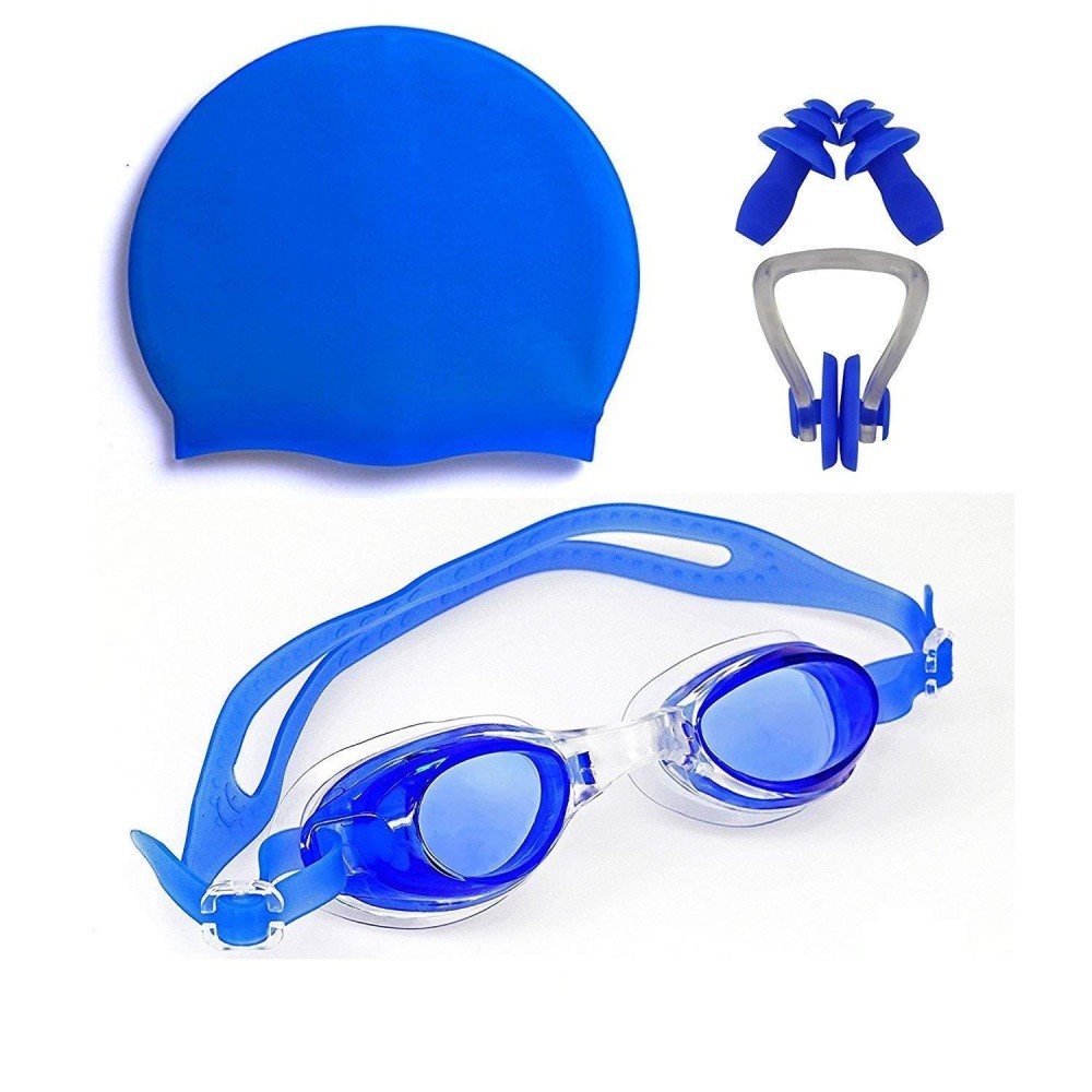 Arrowmax 100% Silicone Anti Fog Swimming Kit Of Goggles,Cap,Earplug & Noseplug Set- Ideal For All Age Group | Silicone Non Slip | Easy To Carry And Skin Friendly (Blue)