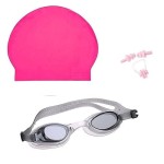 Arrowmax 100% Silicone Anti Fog Swimming Kit Of Goggles,Cap,Earplug & Noseplug Set- Ideal For All Age Group | Silicone Non Slip | Easy To Carry And Skin Friendly (Pink)