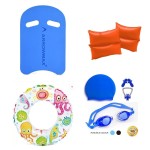 Swimming Kickboard, Arm Band, Swimming Tube, Swimming Cap, Swimming Google, Earplug, Noseplug Combo Training Kit For Kids Age (6-10 Years, Blue)