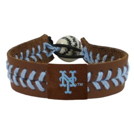 MLB New York Mets Brown Leather/Powder Blue Thread Team Color Baseball Bracelet