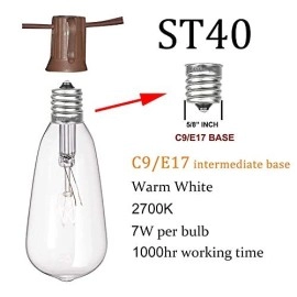 20Ft Outdoor Patio String Lights with 22 Clear Vintage Light Bulbs (2 Spare), E17 Base ST40 Outdoor Edison String Lights Waterproof UL Listed for Indoor Garden Backyard Party Porch Decor, 7W - Brown