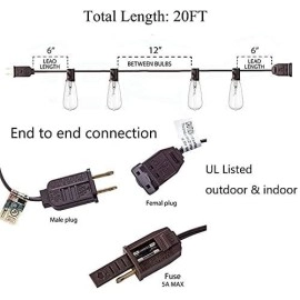 20Ft Outdoor Patio String Lights with 22 Clear Vintage Light Bulbs (2 Spare), E17 Base ST40 Outdoor Edison String Lights Waterproof UL Listed for Indoor Garden Backyard Party Porch Decor, 7W - Brown