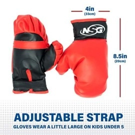 NSG Punching Bag and Boxing Gloves Set for Kids - Freestanding Base Punching Ball with Spring Loaded Height Adjustable Stand, Junior Boxing Gloves, and Hand Pump - Ages 3+ , Red/Black
