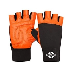 Nivia Leather Weightlifting Gym Gloves with Genuine Leather/Neoprene Strap for Training,Workout & Weightlifting/Finger Cut Gloves (Orange)