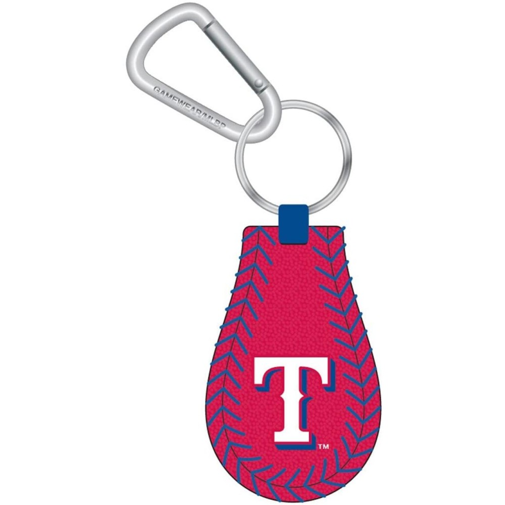 Texas Rangers Keychain Team Color Baseball Red Leather Blue Thread CO