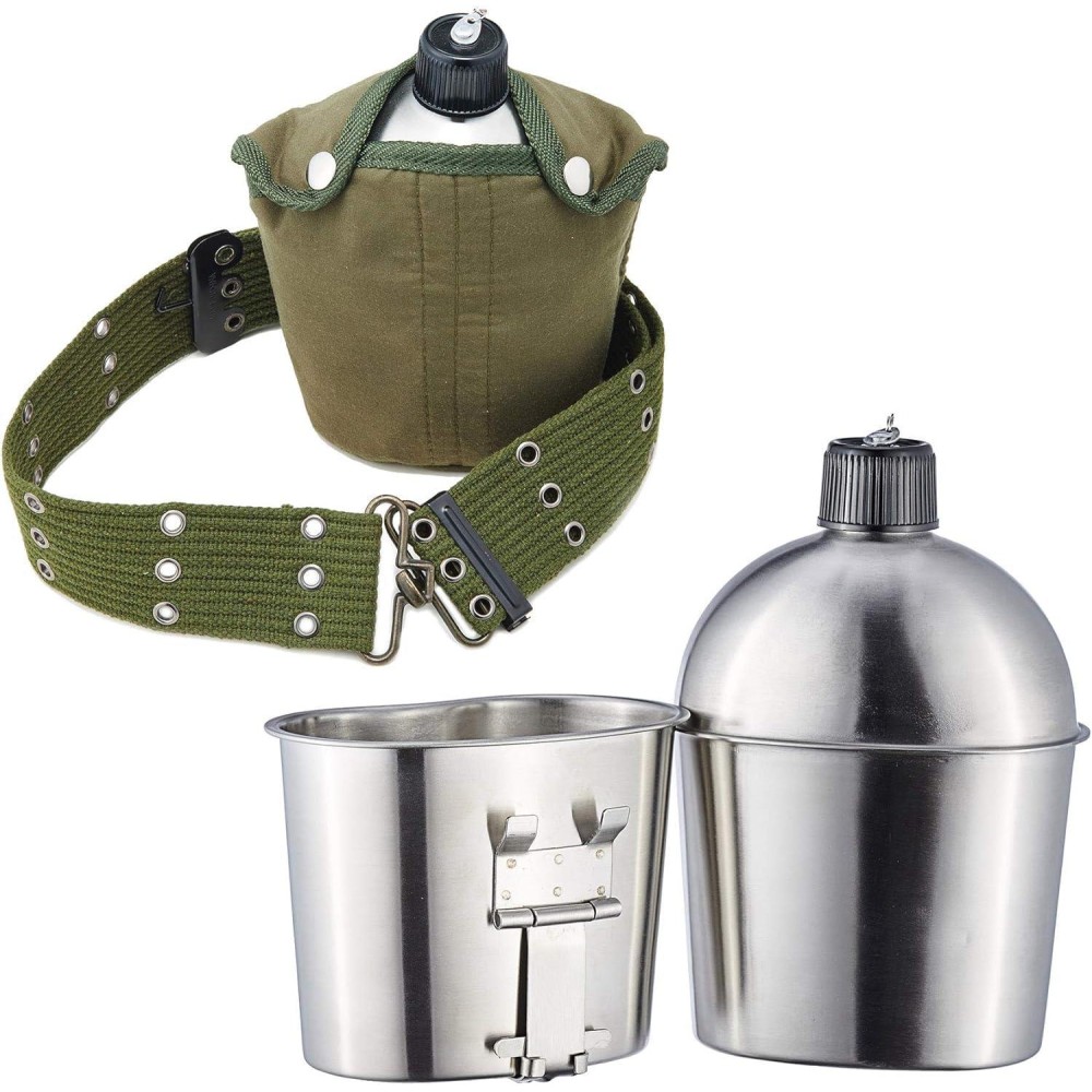 Dartmoor Gi Army Stainless Steel Canteen Military With Cup And Green Nylon Cover Waist Belt For Camping Hiking Climbing Cup W