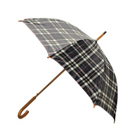 Rainbrella Classic Auto Open Umbrella With Real Wooden Hook Handle Black Plaid 46