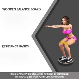 Yes4All Combo Wooden Wobble Balance Board Loop Resistance Bands For Physical Therapy Core Training Home Gym Workout Black