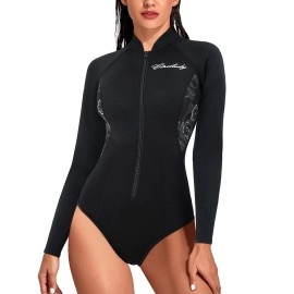 CtriLady Womens Neoprene Wetsuit Long Sleeve Swimsuit with Front Zipper for Swimming, Diving, Surfing and Canoeing (Black, L)