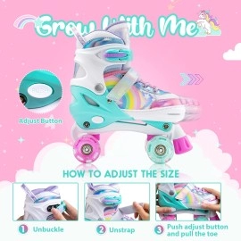 Sulifeel Rainbow Unicorn 4 Size Adjustable Light Up Roller Skates For Girls Boys For Kids Small