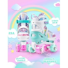 Sulifeel Rainbow Unicorn 4 Size Adjustable Light Up Roller Skates For Girls Boys For Kids Small