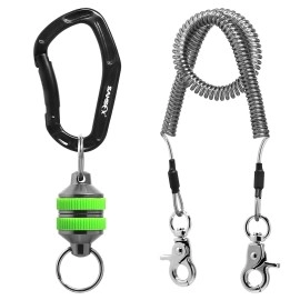 SAMSFX Fishing Strongest Magnetic Net Release Magnet Clip Holder Retractor with Coiled Lanyard (Green Grips)