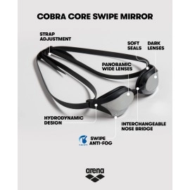 Arena Unisex Cobra Core Swipe Antifog Racing Swim Goggles For Men And Women Polycarbonate Mirror Lens Bluesliver