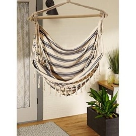 Blue and Cream Ticking Stripe Hammock Chair with Fringe Trim