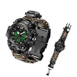 Kavie Men's Military Survival Compass Watch, 23-in-1 Tactical Multi-Functional Outdoors Sports Watches Dual Display Analog LED Electronic Wristwatches with Paracord Band
