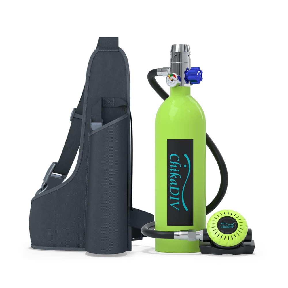 CHIKADIV C400 Mini Scuba Tank Refillable Oxygen Cylinder with 1L Capacity Scuba Tank with 15-20 Minutes Underwater Diving Gear for Diver Portable Diving and Snorkeling Equipment A3 Green