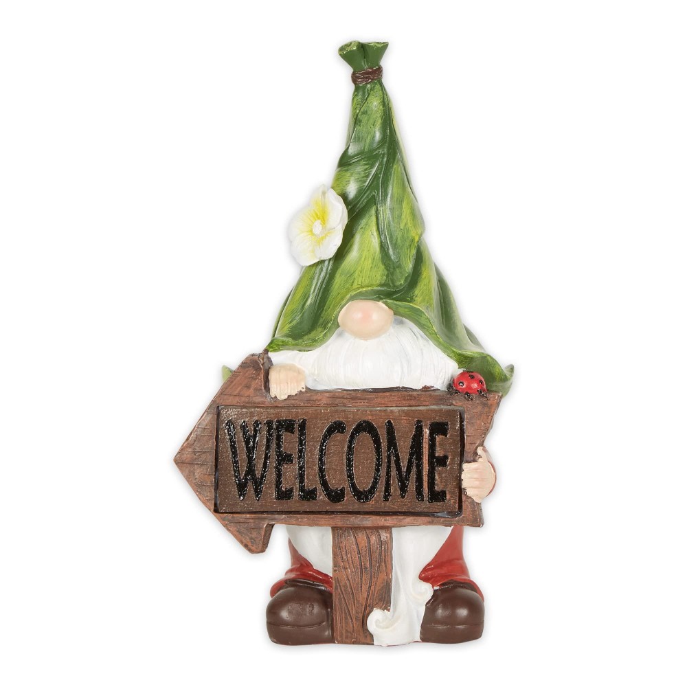 Accent Plus Gnome With Glowing Welcome Sign Solar Statue