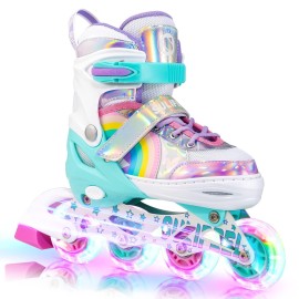 SULIFEEL Rainbow Unicorn Inline Skates for Girls Boys 4 Size Adjustable Light up Wheels Roller Blades for Kids Beginner Medium