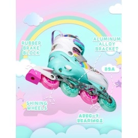 SULIFEEL Rainbow Unicorn Inline Skates for Girls Boys 4 Size Adjustable Light up Wheels Roller Blades for Kids Beginner Medium