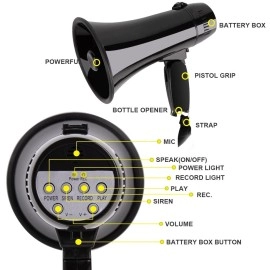 Mymealivos Portable Megaphone Bullhorn 20 Watt Power Megaphone Speaker Voice And Sirenalarm Modes With Volume Control And Strap